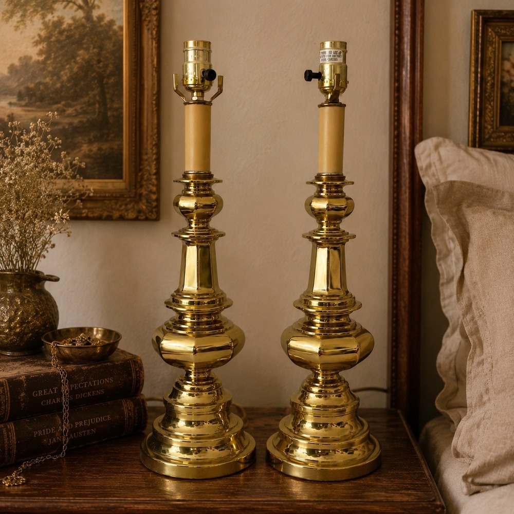 Vintage Polished Brass Table Lamps Pair Traditional Candlestick Gold 21.5in Set